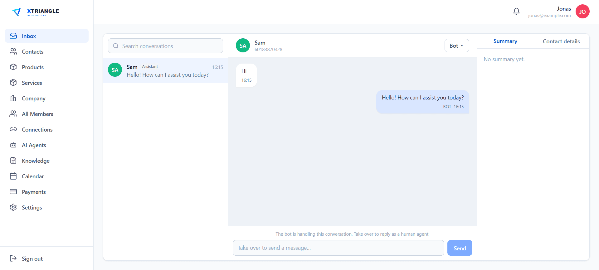 XTRIANGLE AI CRM shared inbox with an AI assistant reply